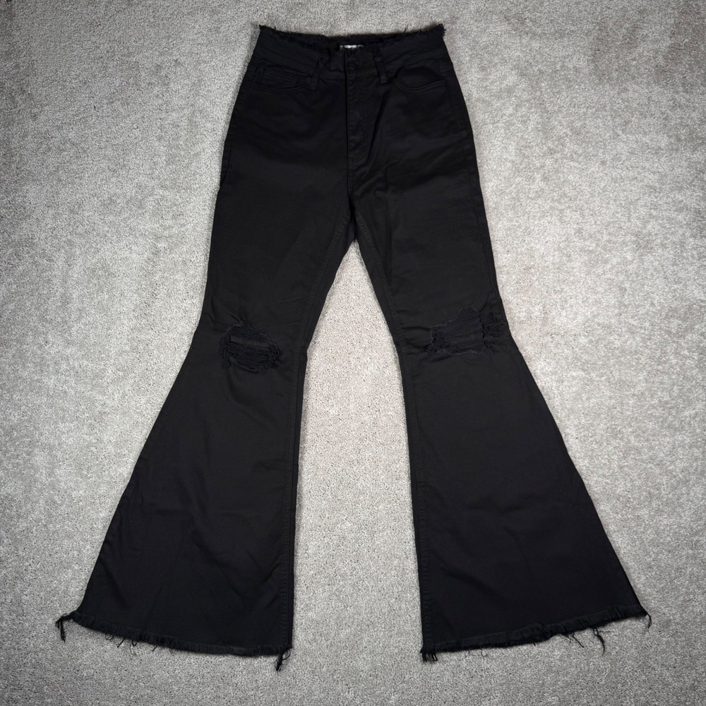 CELLO Black Flared Jeans Ripped Distressed‎ High Rise Bell Bottom Size 7 - 28